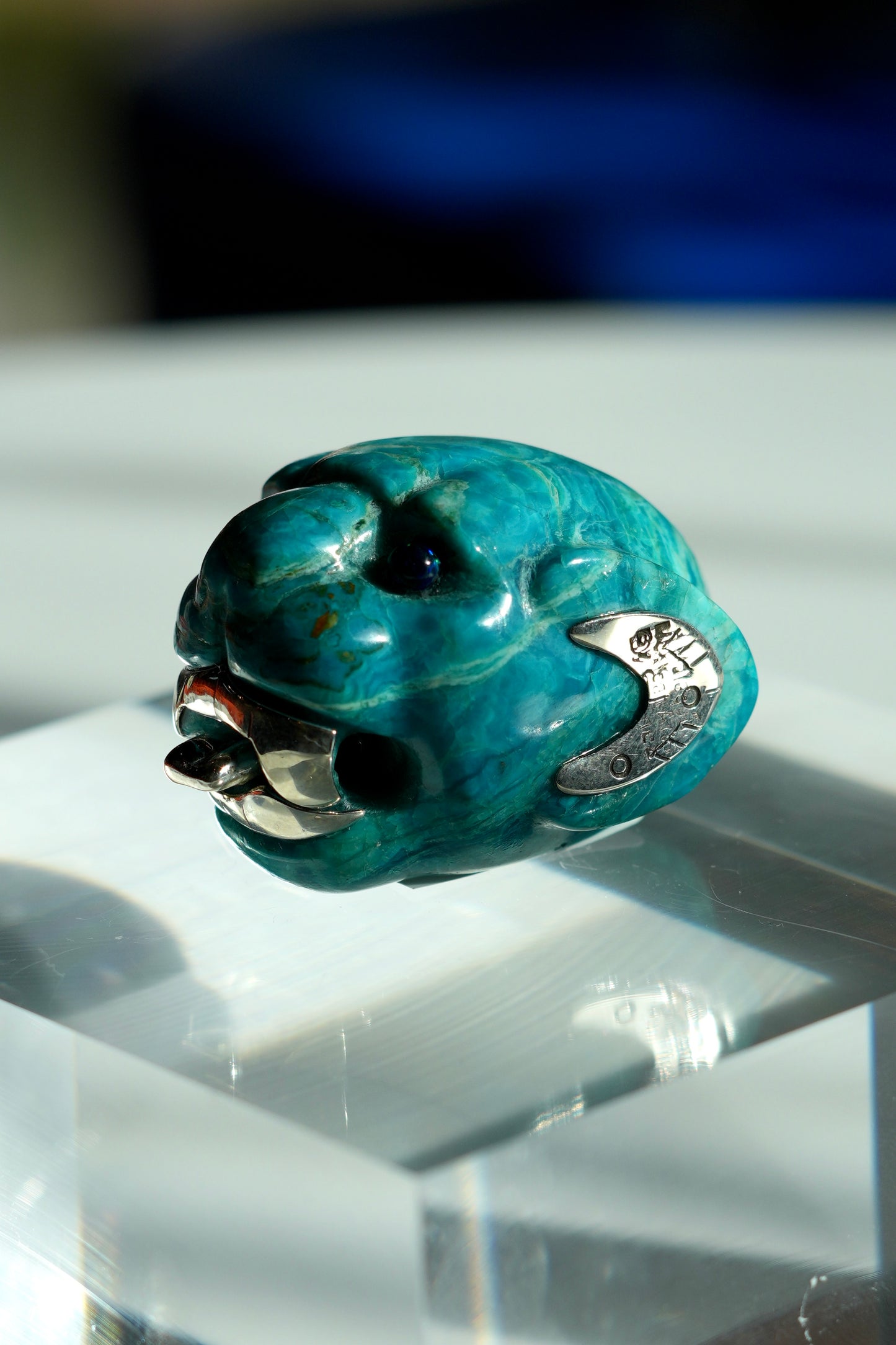 Blue Boulder Opal Jaguar with Black Opal Eyes and Sterling silver accents