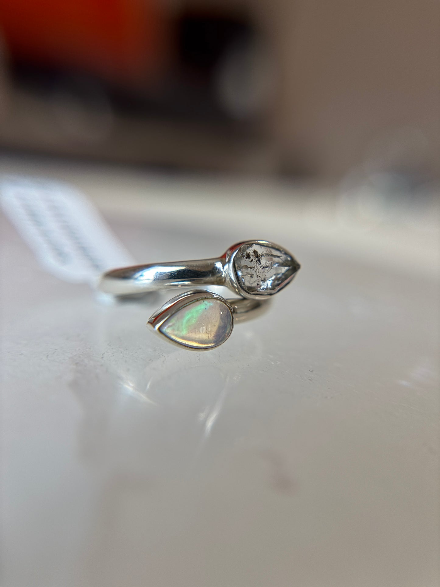 Opal and Herkimer Diamond Ring Size 6 Sterling Silver