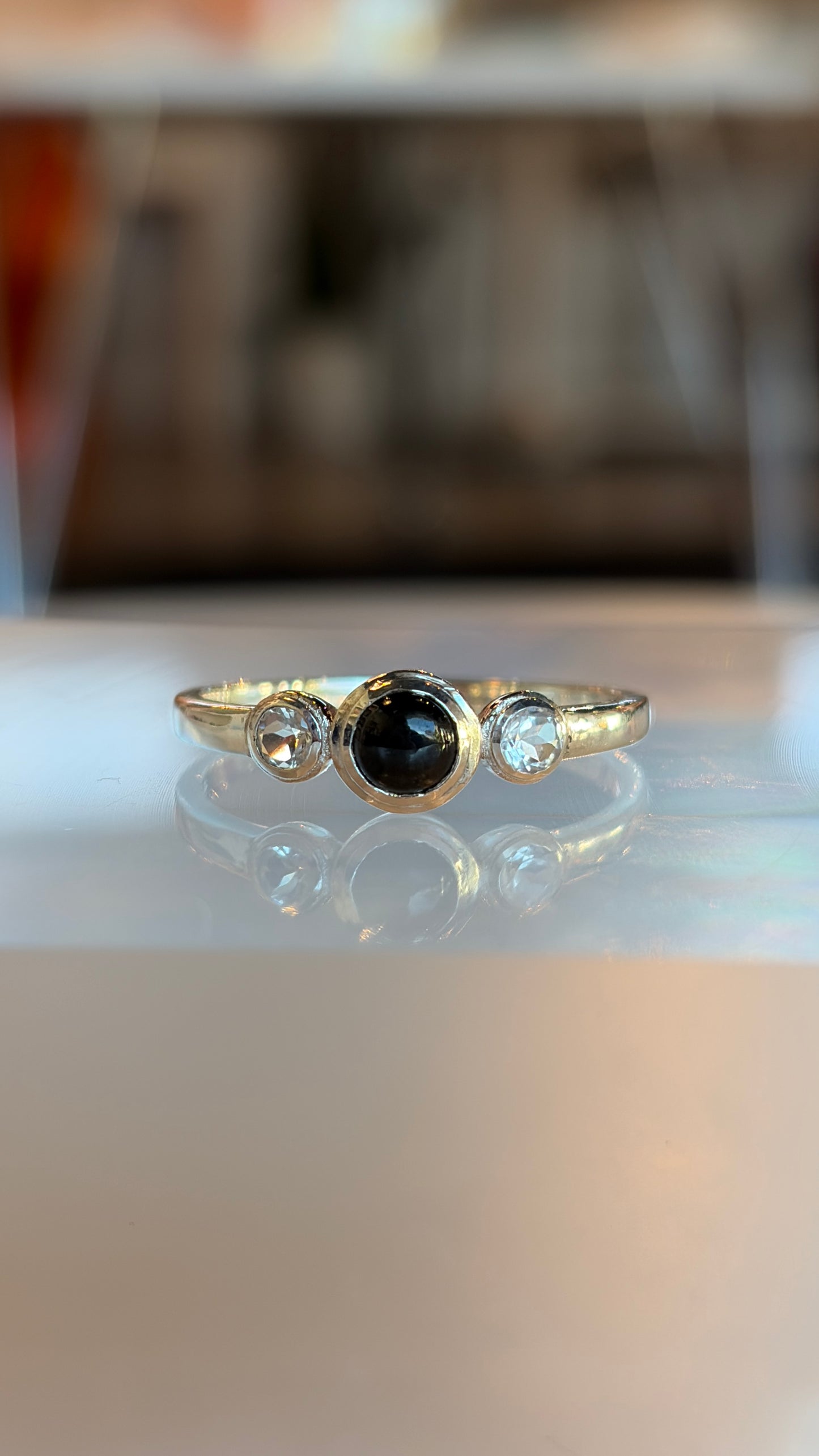 Sterling Silver Black Onyx and White Topaz Ring Size 9