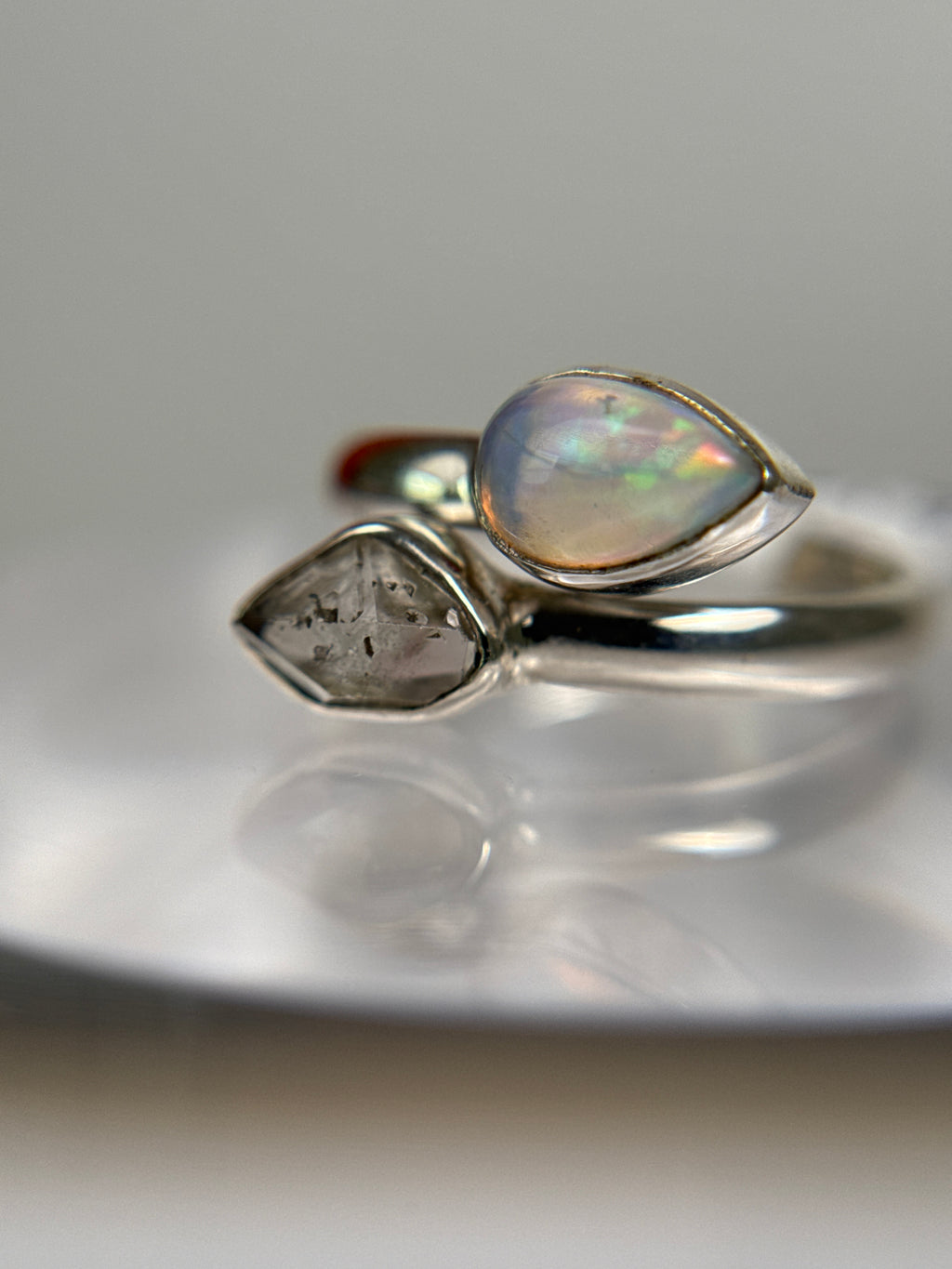 Ethiopian Opal and Herkimer Diamond Ring Size 6
