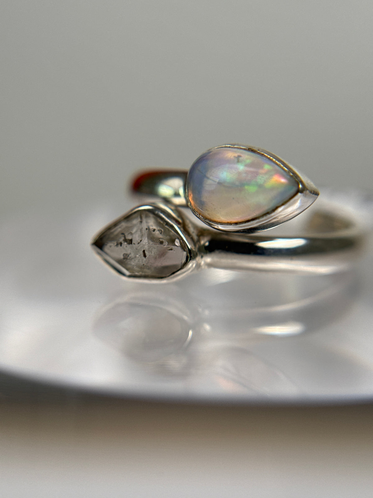 Ethiopian Opal and Herkimer Diamond Ring Size 6