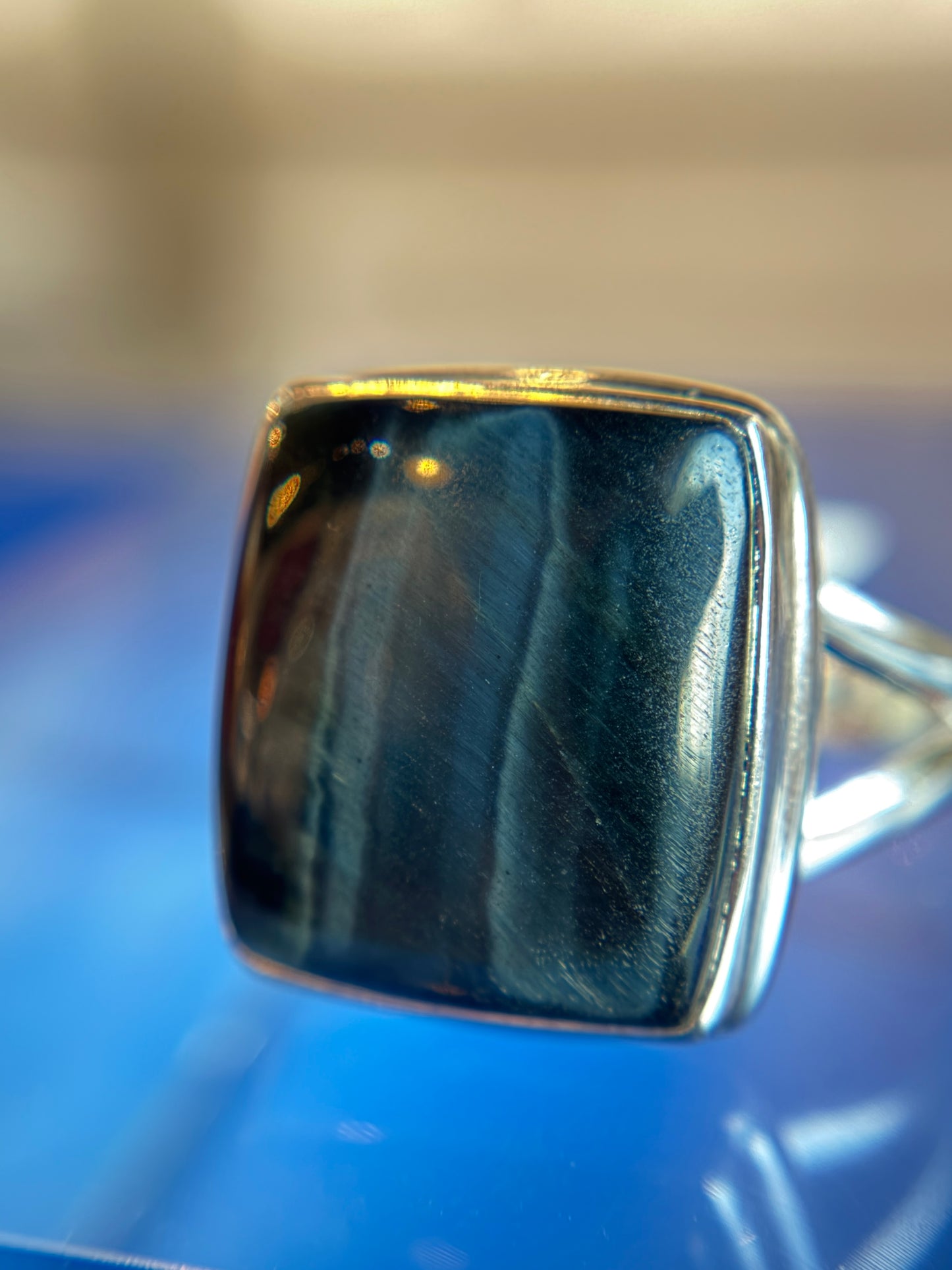 Blue Tiger’s Eye Ring Size 10 Sterling Silver