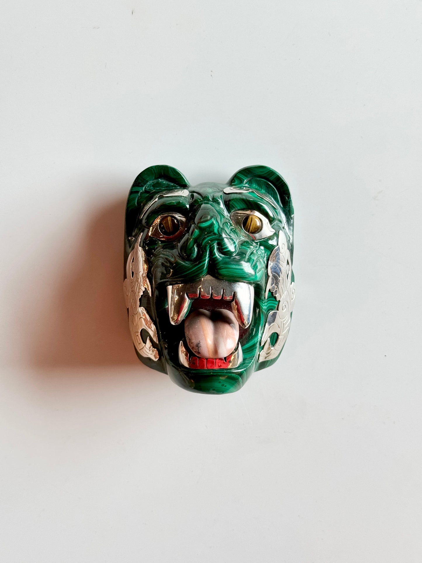 Malachite Sculpture with Tigers Eye and 95% Silver Accents