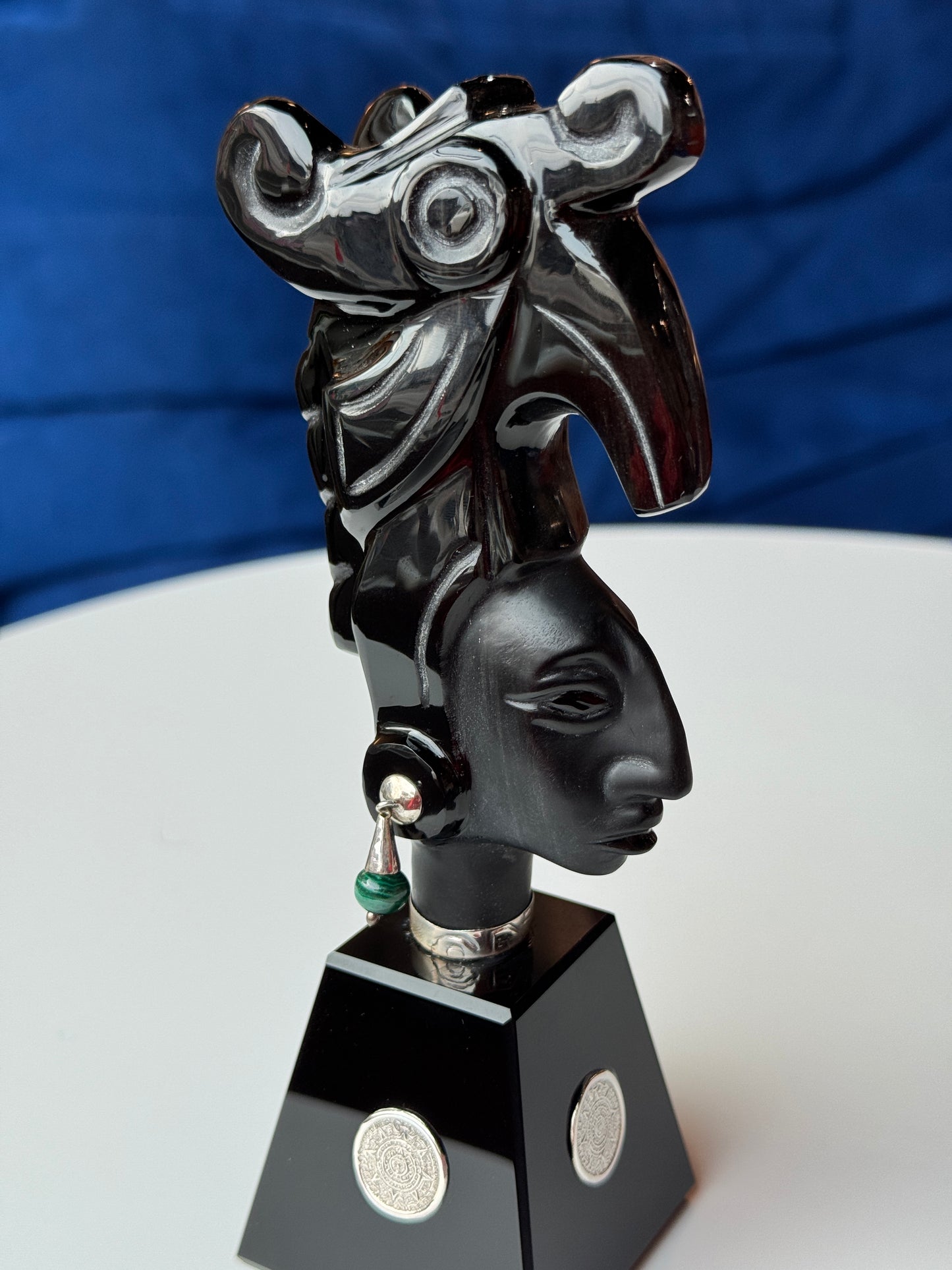 Pakal The Great- Obsidian Sculpture | malachite and 95% silver accents