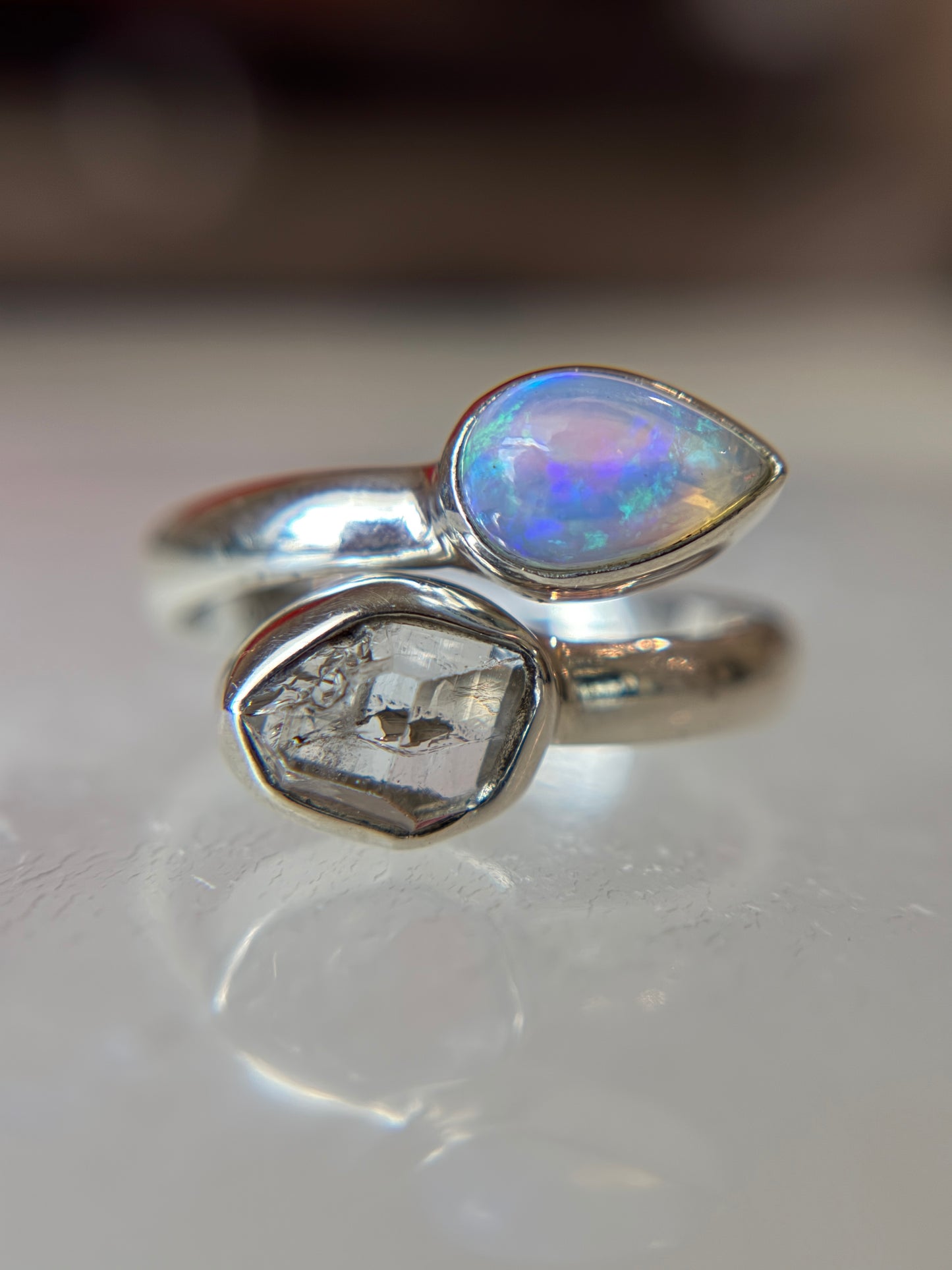 Opal and Herkimer Diamond Ring Size 6 Sterling Silver