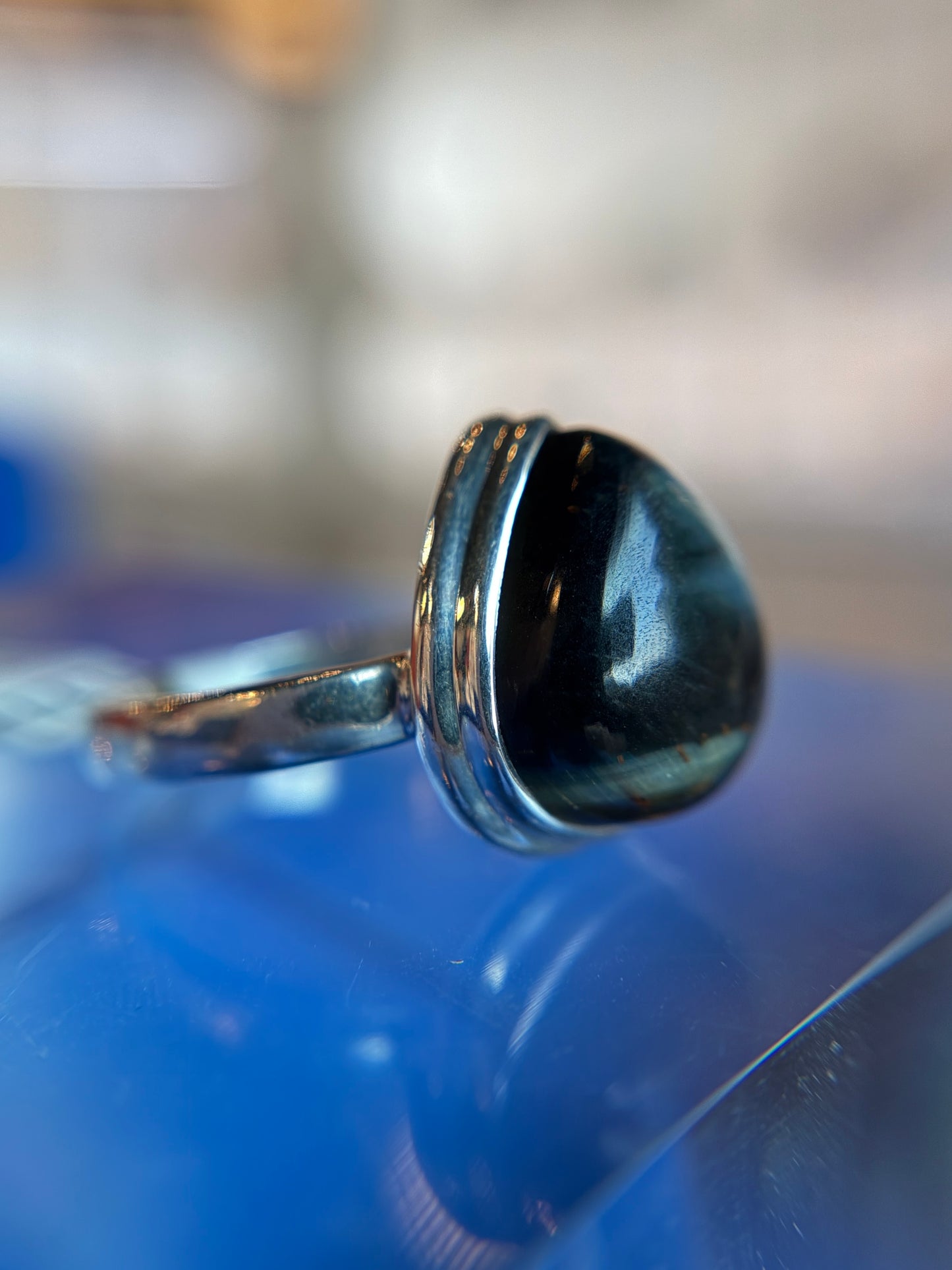 Blue Tiger’s Eye Ring Size 11 Sterling Silver