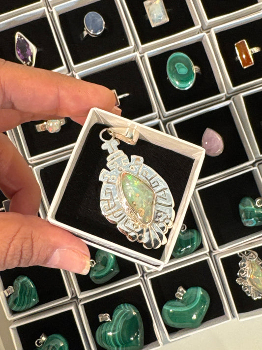 Mayan-Inspired Sterling Silver Opal Talisman Pendant