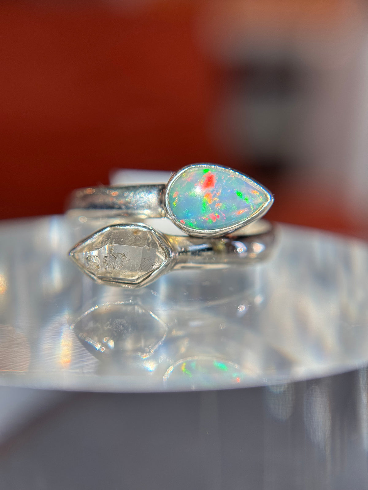 Ethiopian Opal with Herkimer Diamond Ring Size 7