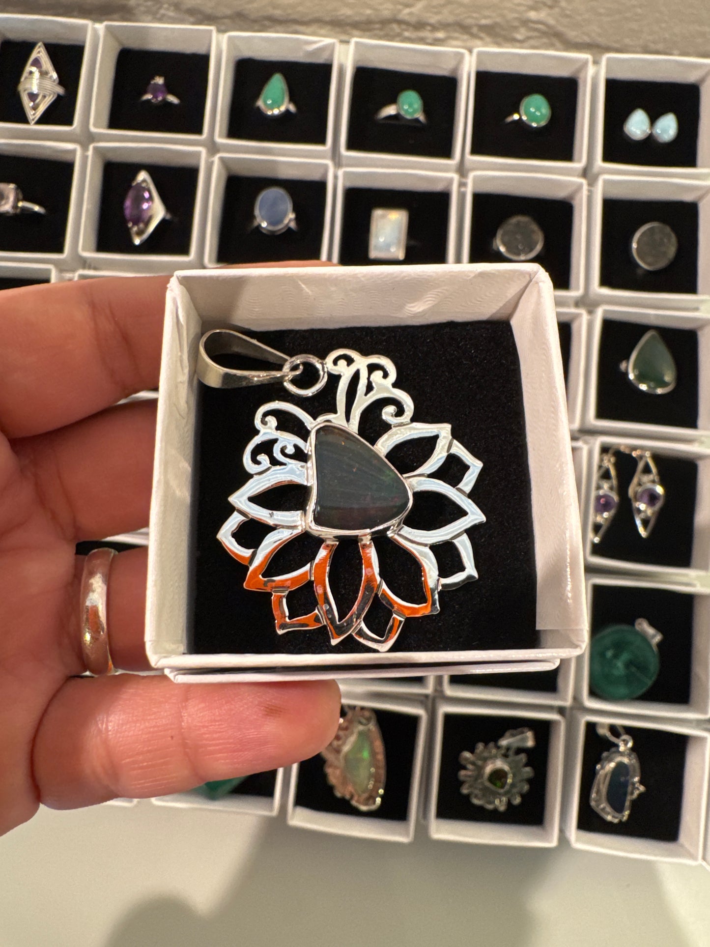 Mayan-Inspired Sterling Silver Black Opal Talisman Pendant