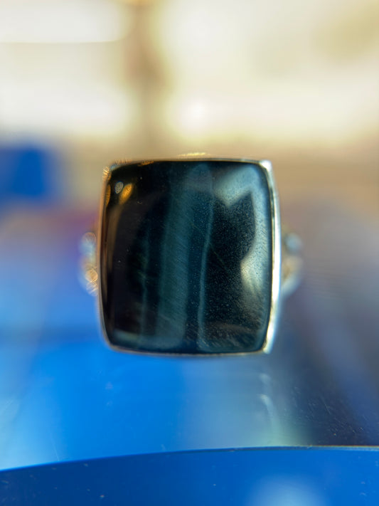 Blue Tiger’s Eye Ring Size 10 Sterling Silver