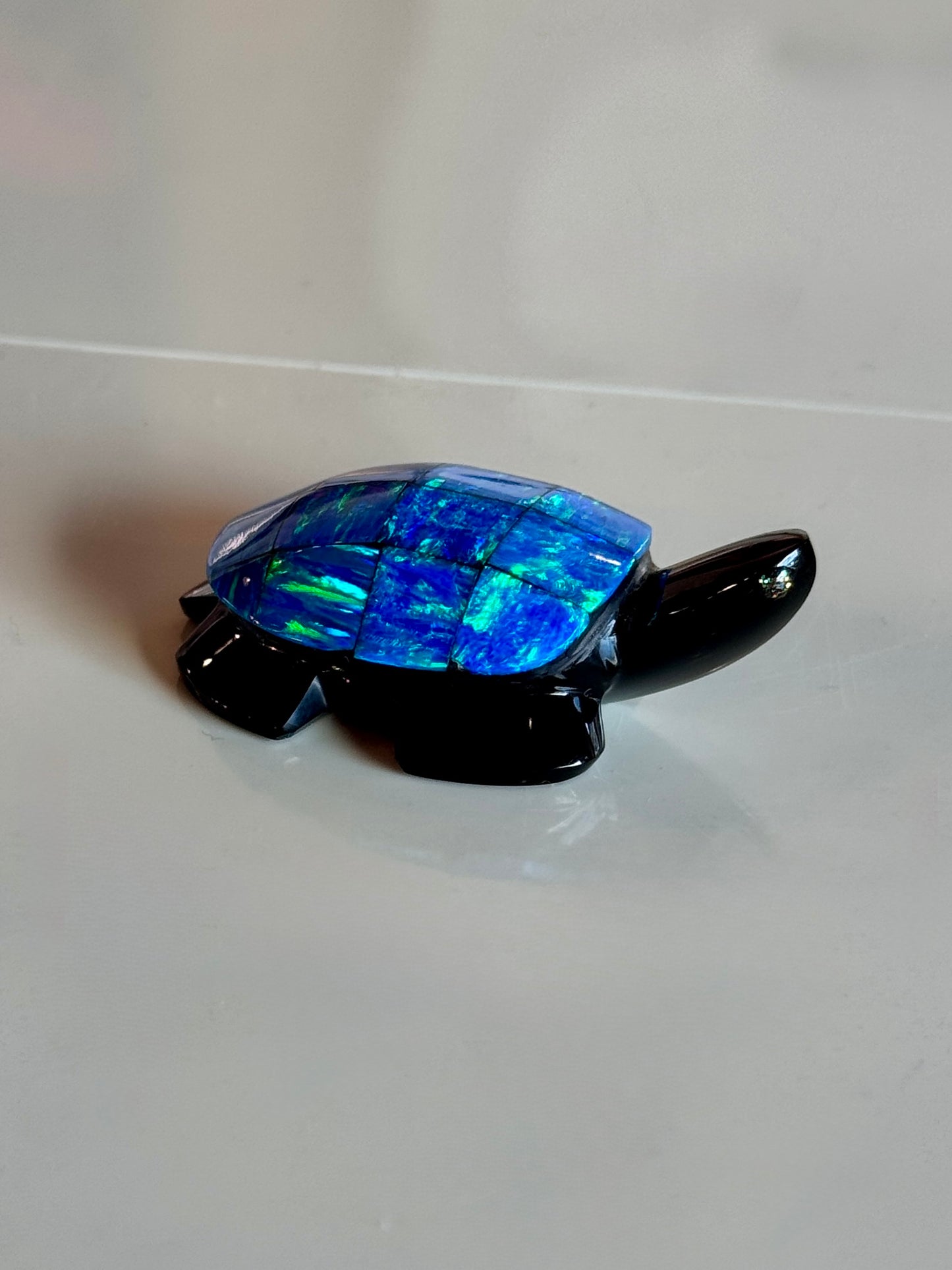 Obsidian Turtle with Blue Opal Shell and Fire Opal Eyes