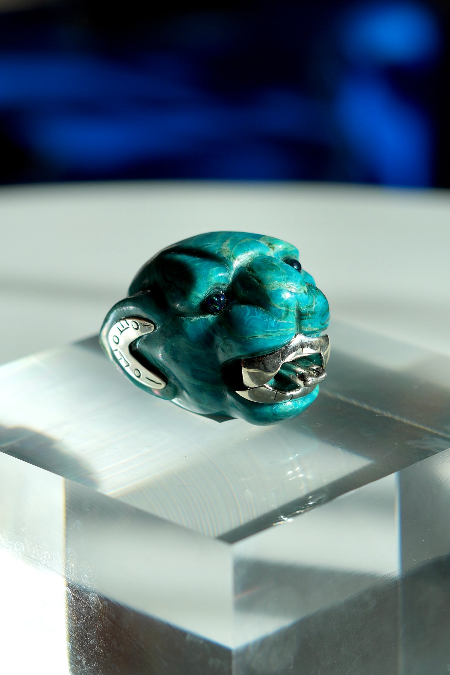 Blue Boulder Opal Jaguar with Black Opal Eyes and Sterling silver accents