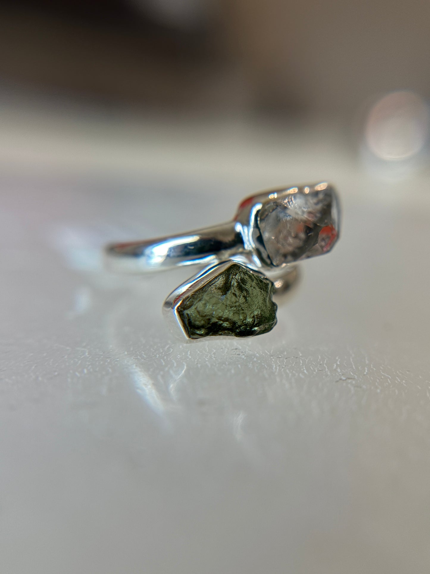 Moldavite and Herkimer Diamond Ring Size 5