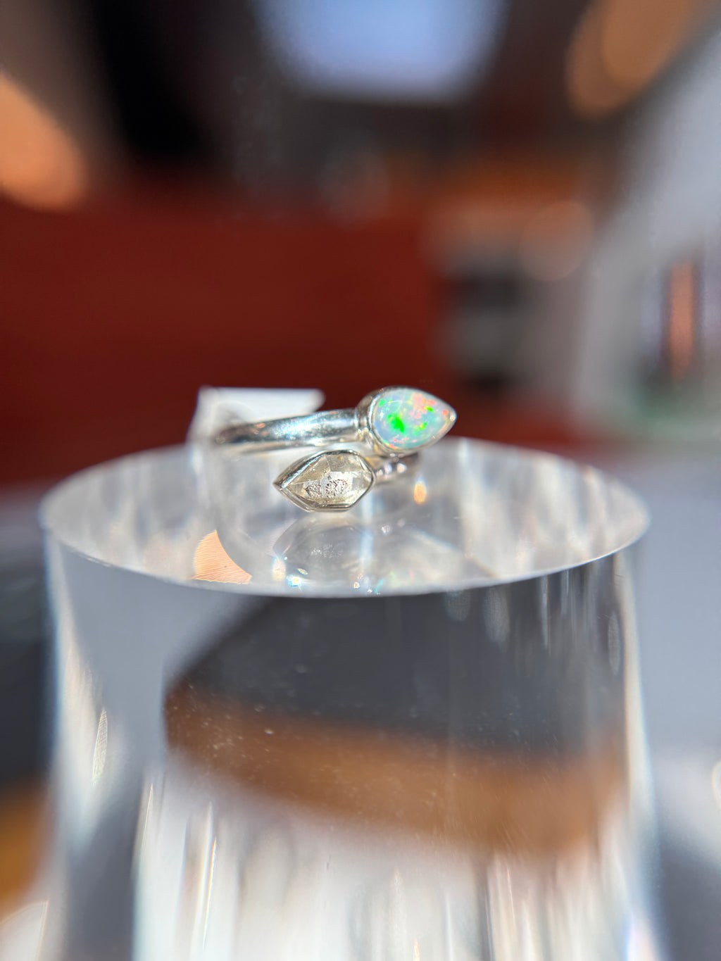 Ethiopian Opal with Herkimer Diamond Ring Size 7