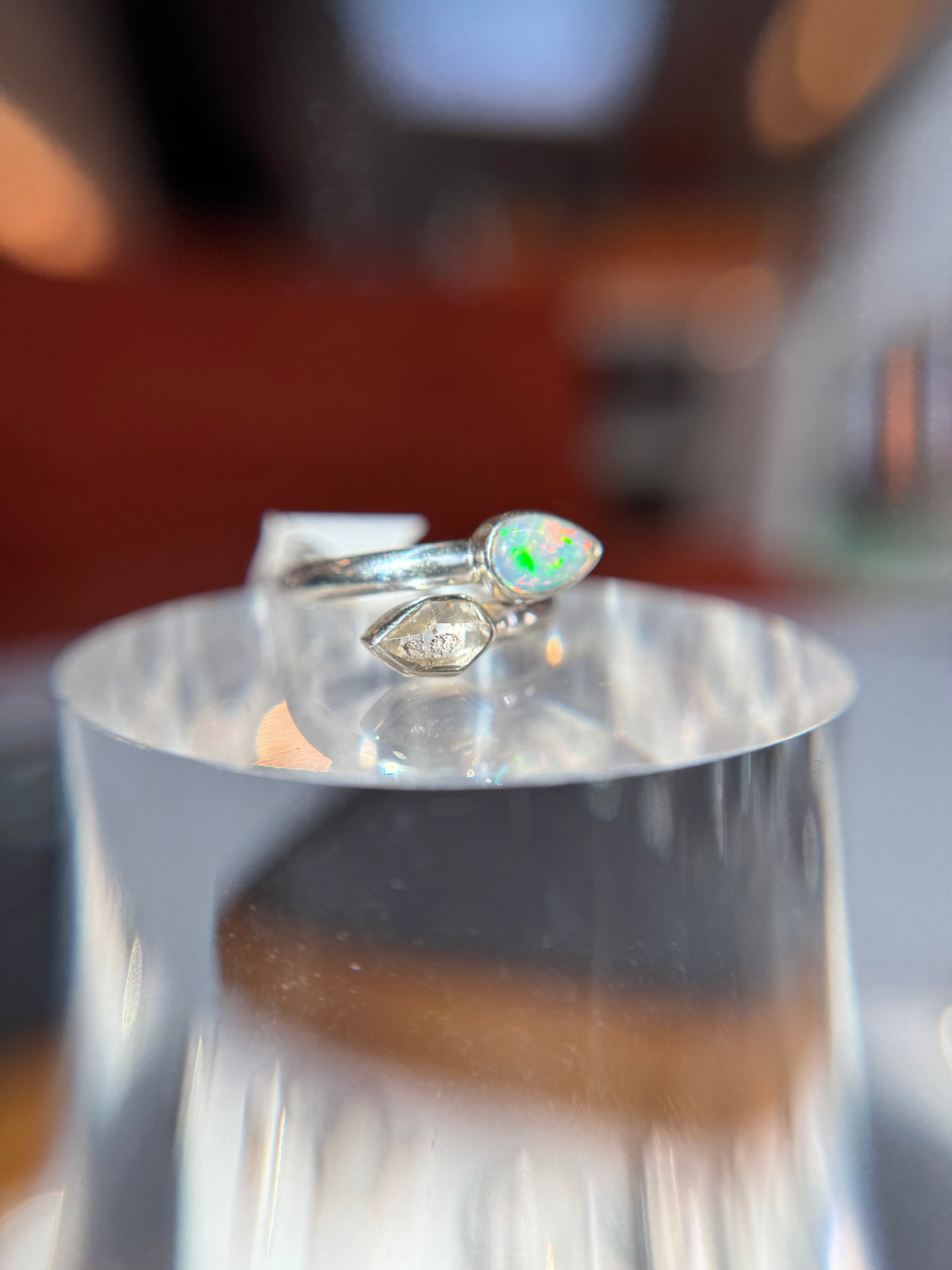 Ethiopian Opal with Herkimer Diamond Ring Size 7