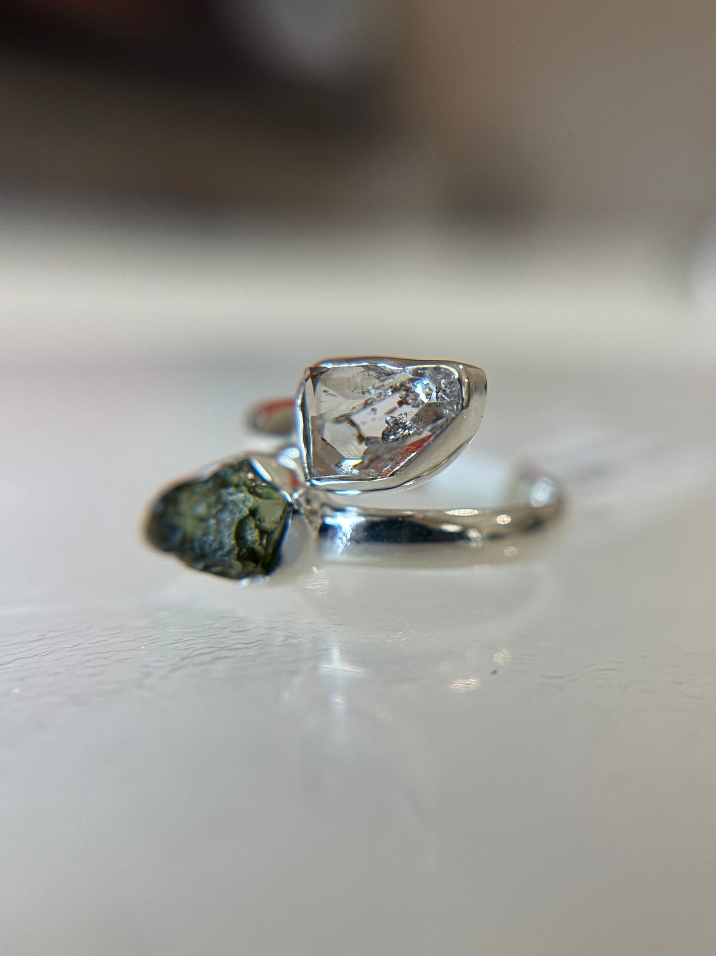Moldavite and Herkimer Diamond Ring Size 5