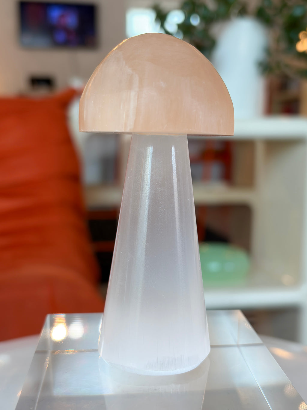 Tall Peach Selenite Mushroom
