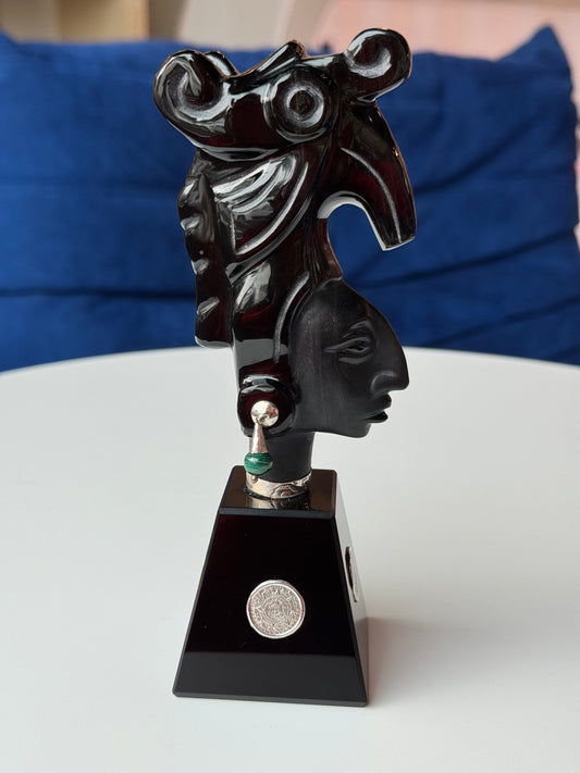 Pakal The Great- Obsidian Sculpture | malachite and 95% silver accents