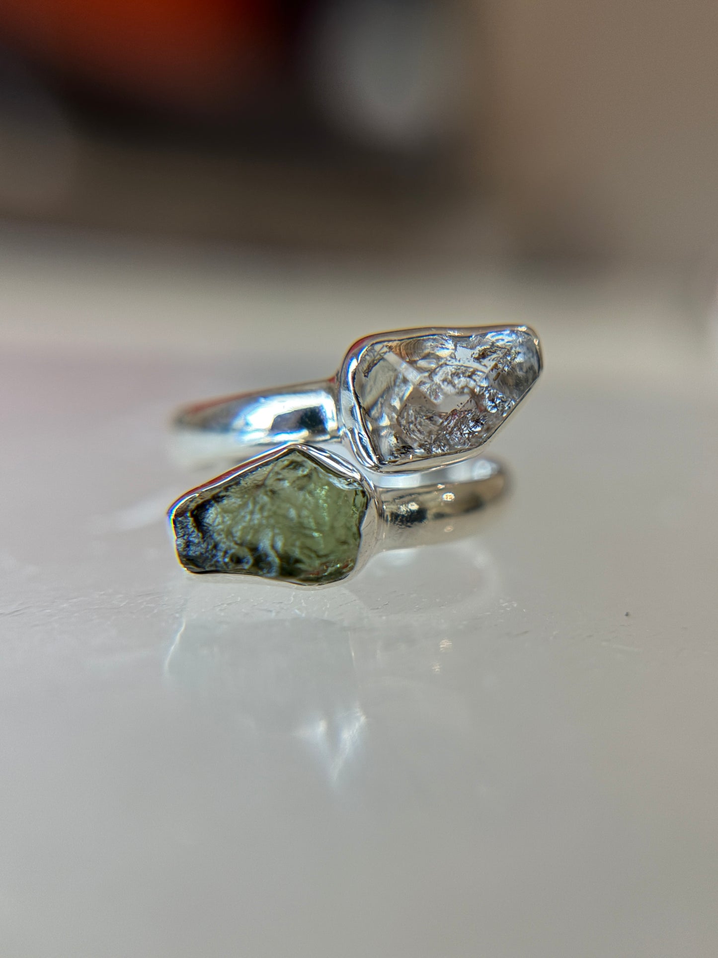 Moldavite and Herkimer Diamond Ring Size 5