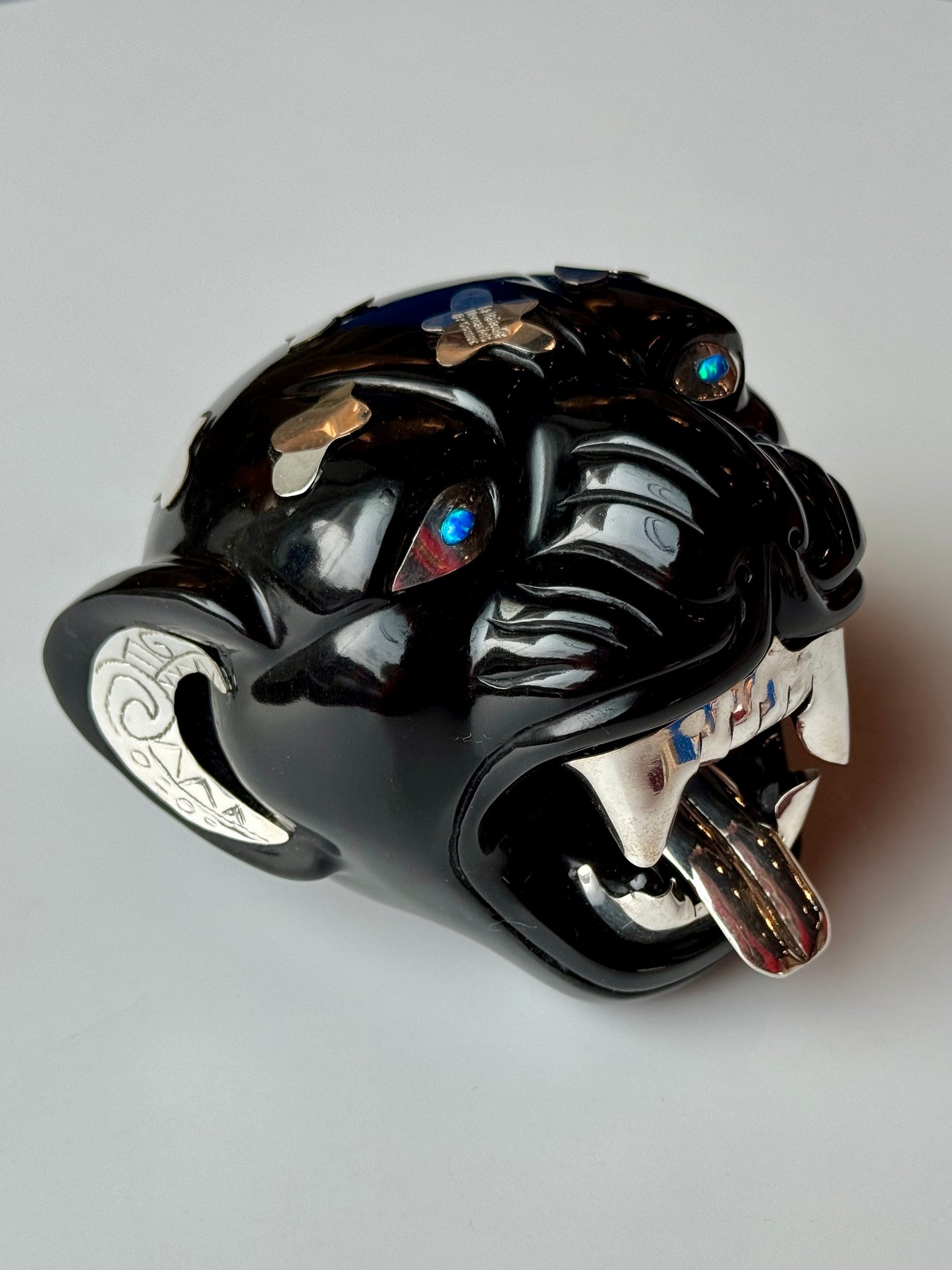 Obsidian Jaguar Sculpture | 95% Silver and Opal