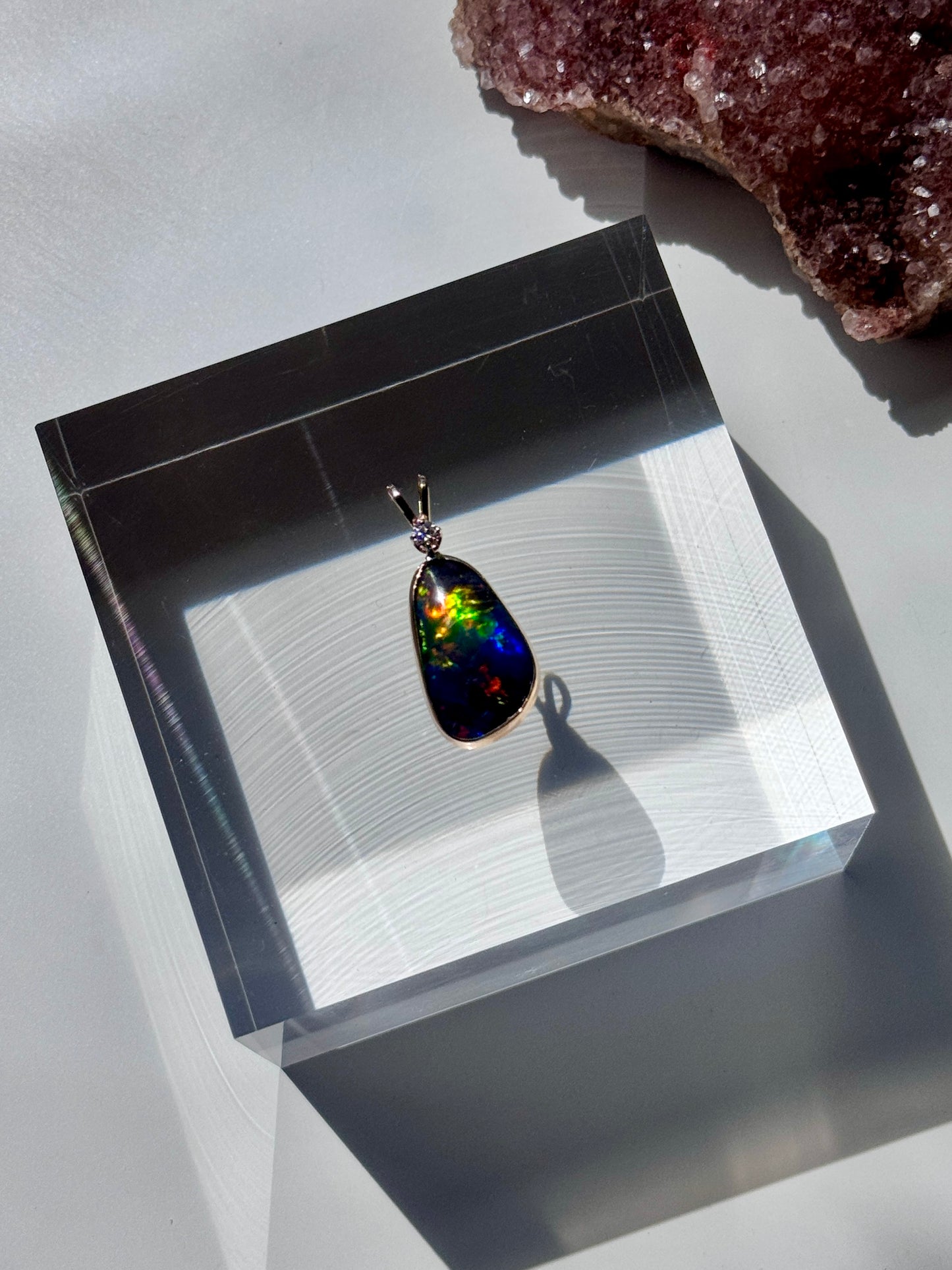 14k Solid Gold Australian Black Opal Pendant with HSI1 Diamond necklace pendant
