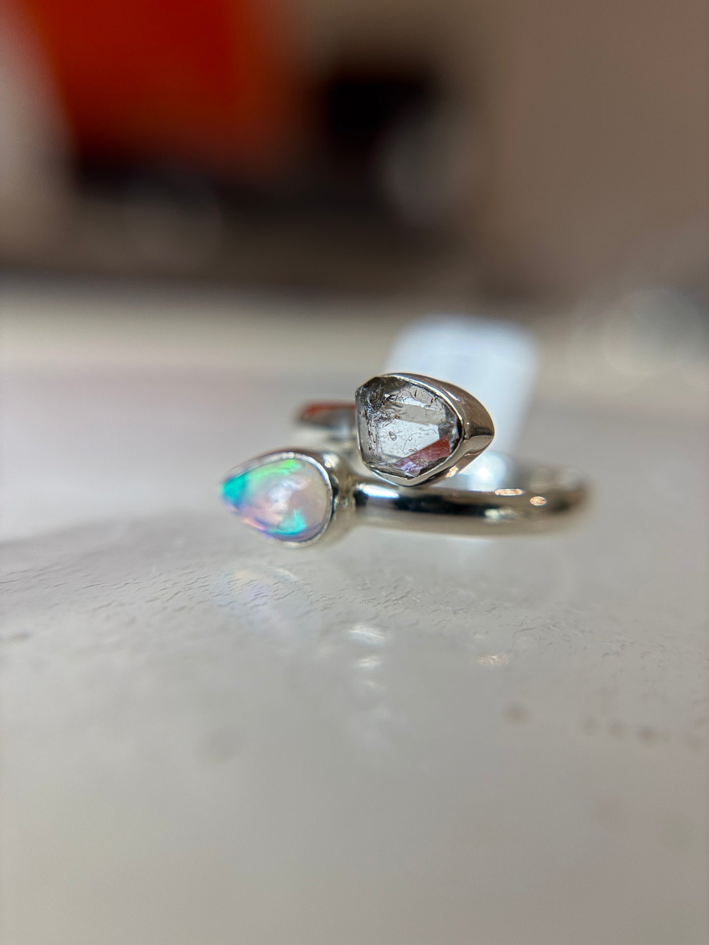 Opal and Herkimer Diamond Ring Size 6 Sterling Silver