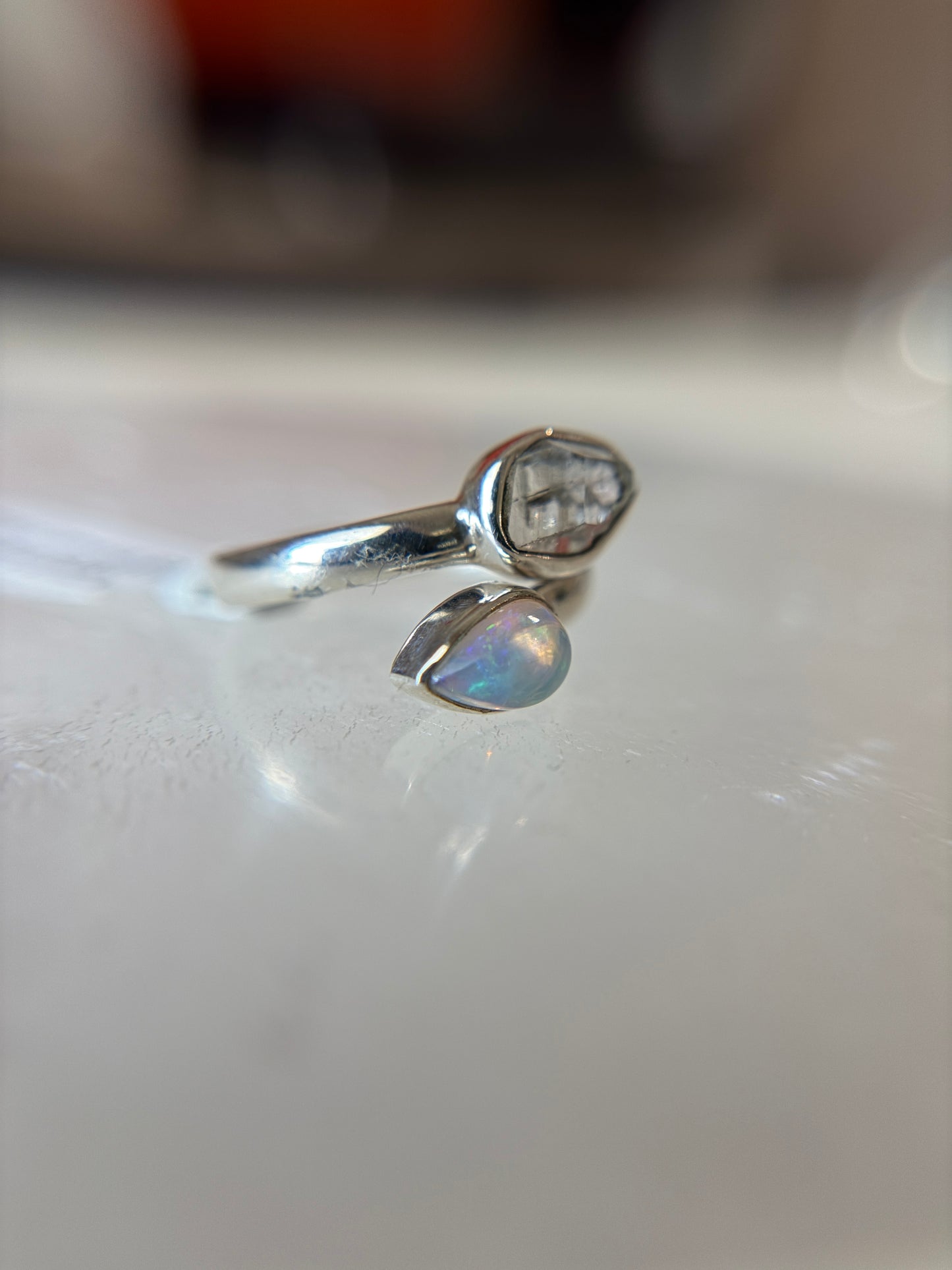Opal and Herkimer Diamond Ring Size 6 Sterling Silver