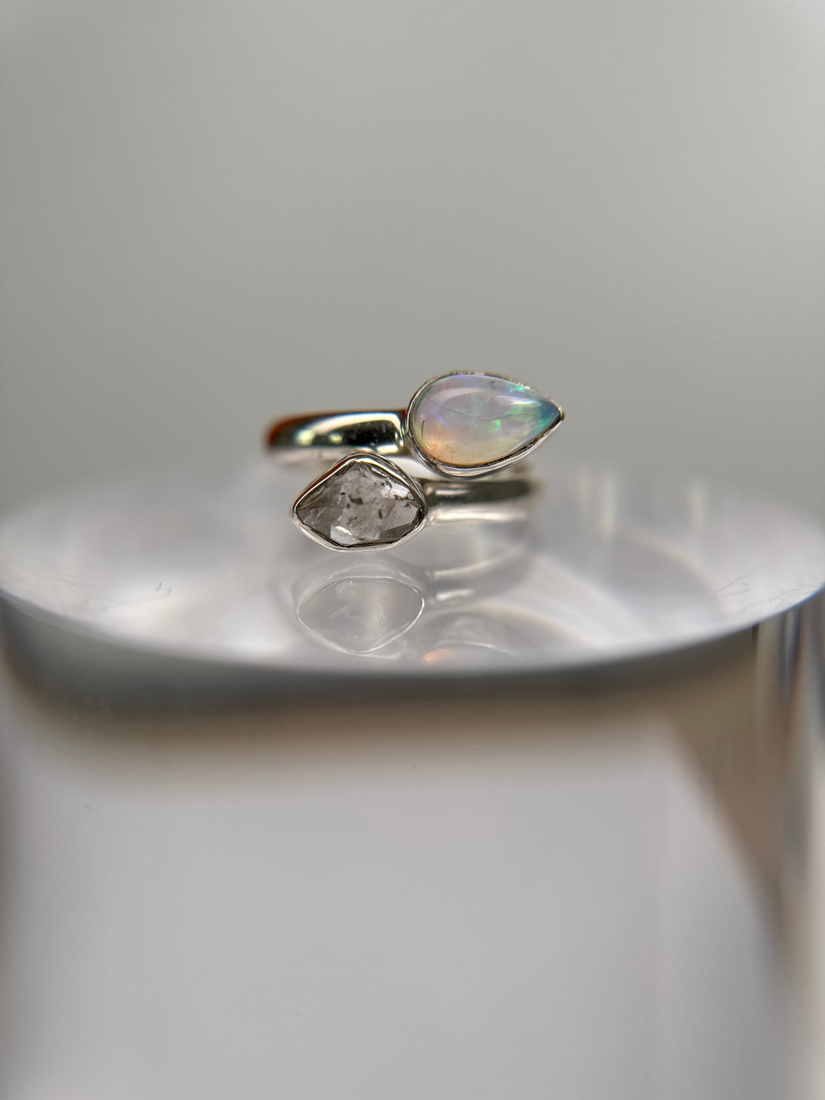 Ethiopian Opal and Herkimer Diamond Ring Size 6