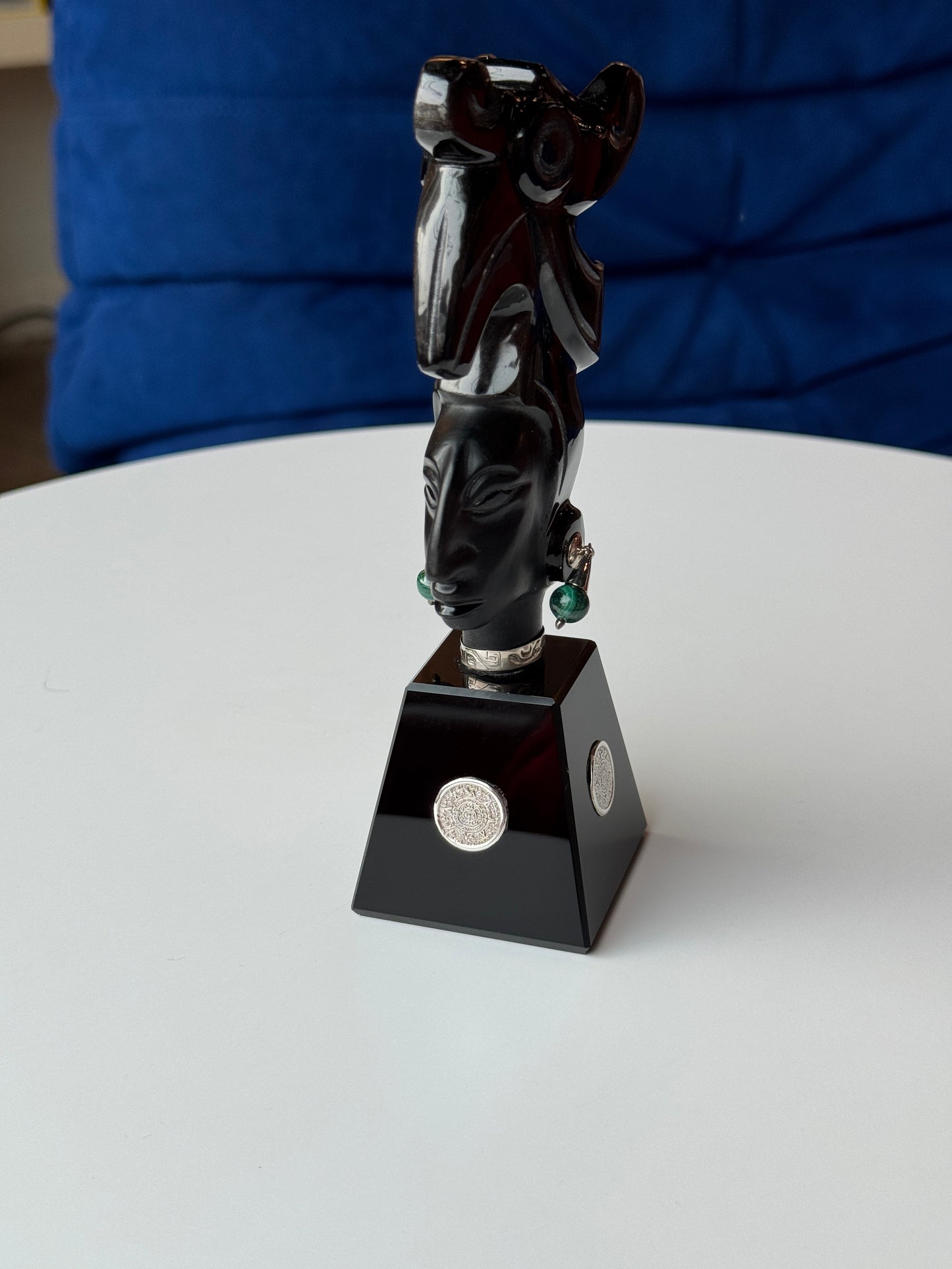 Pakal The Great- Obsidian Sculpture | malachite and 95% silver accents