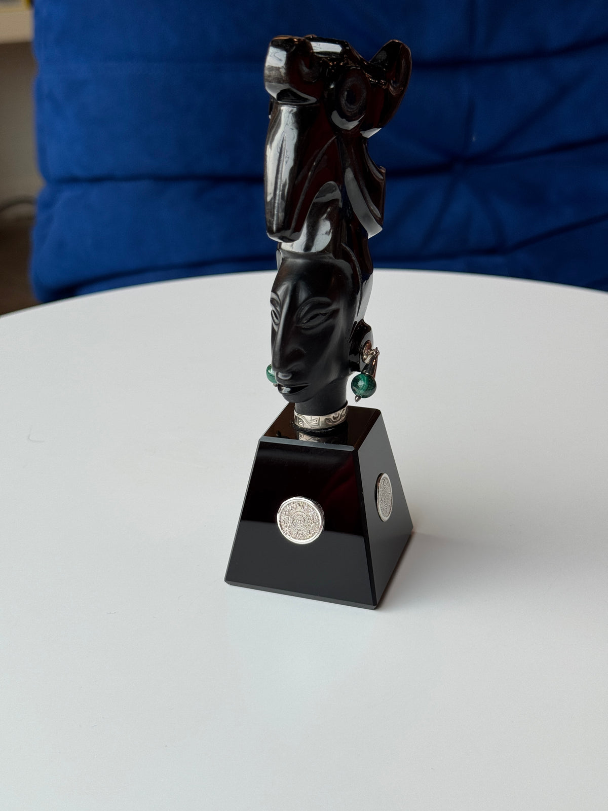 Pakal The Great- Obsidian Sculpture | malachite and 95% silver accents