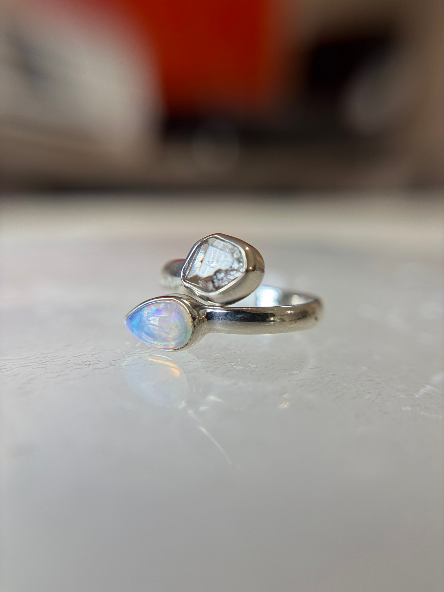 Opal and Herkimer Diamond Ring Size 6 Sterling Silver