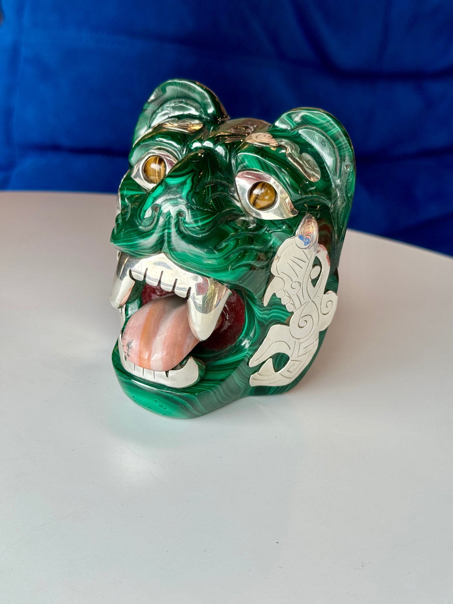 Malachite Sculpture with Tigers Eye and 95% Silver Accents