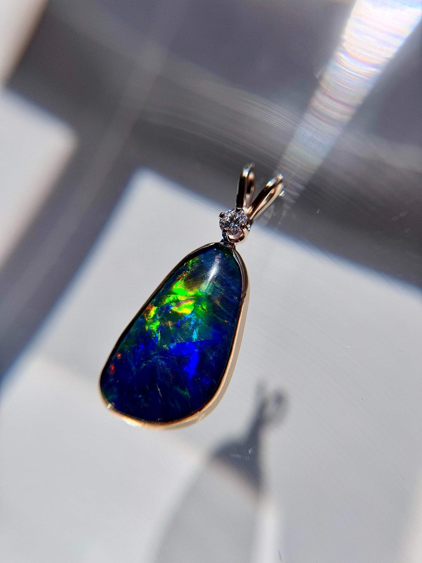 14k Solid Gold Australian Black Opal Pendant with HSI1 Diamond necklace pendant