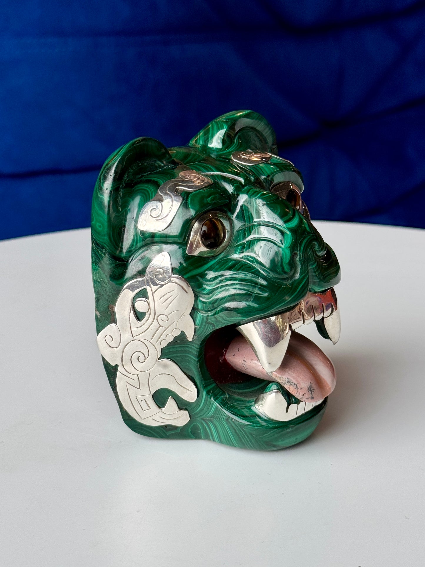 Malachite Sculpture with Tigers Eye and 95% Silver Accents