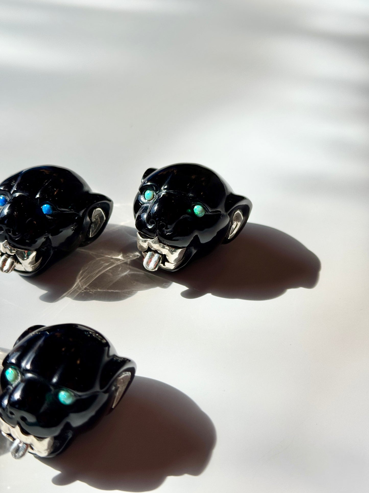 Obsidian Jaguar Sculpture with Opal and 95% Silver