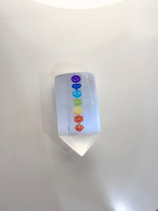 Selenite Tower with Engraved Chakra Symbols