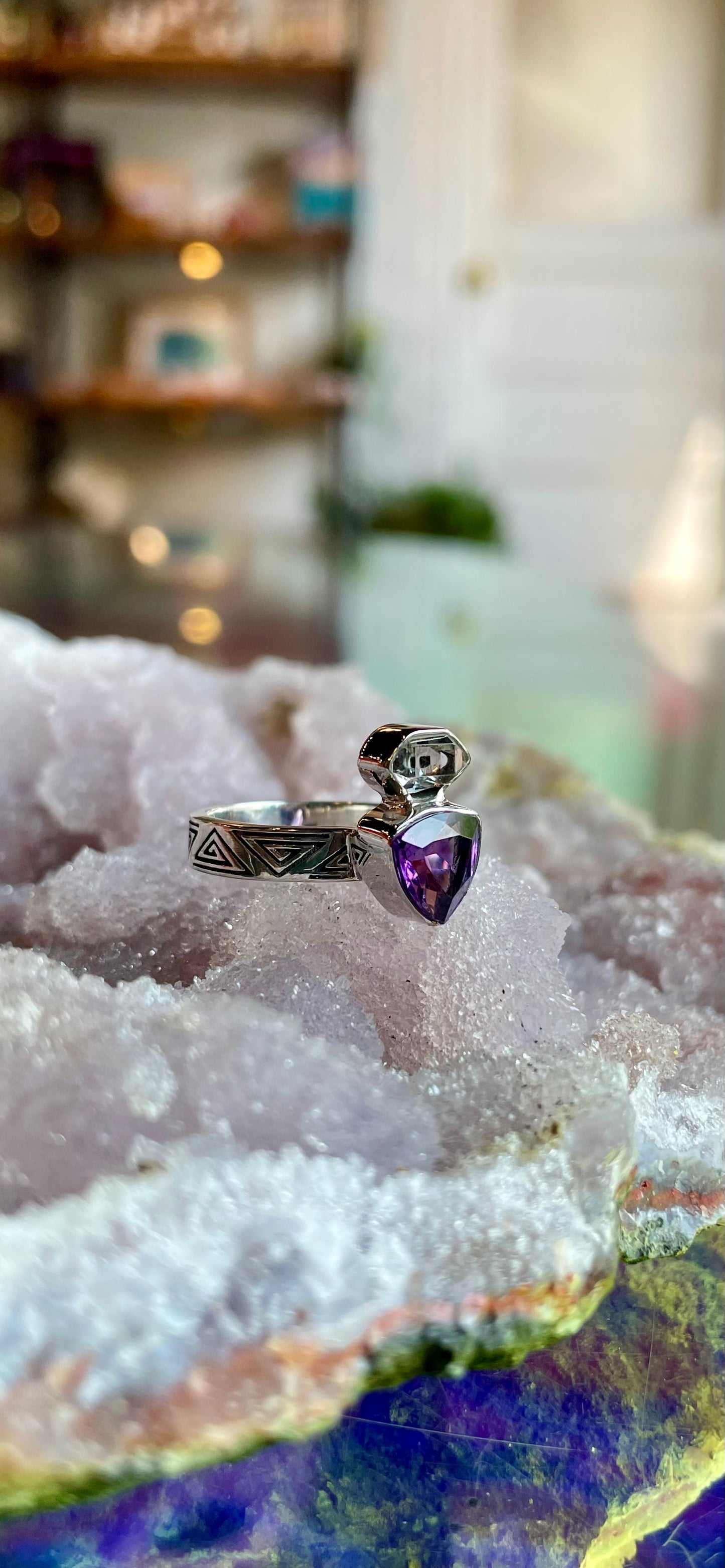 Amethyst and Herkimer Diamond Ring - Sterling Silver size 6 #1077