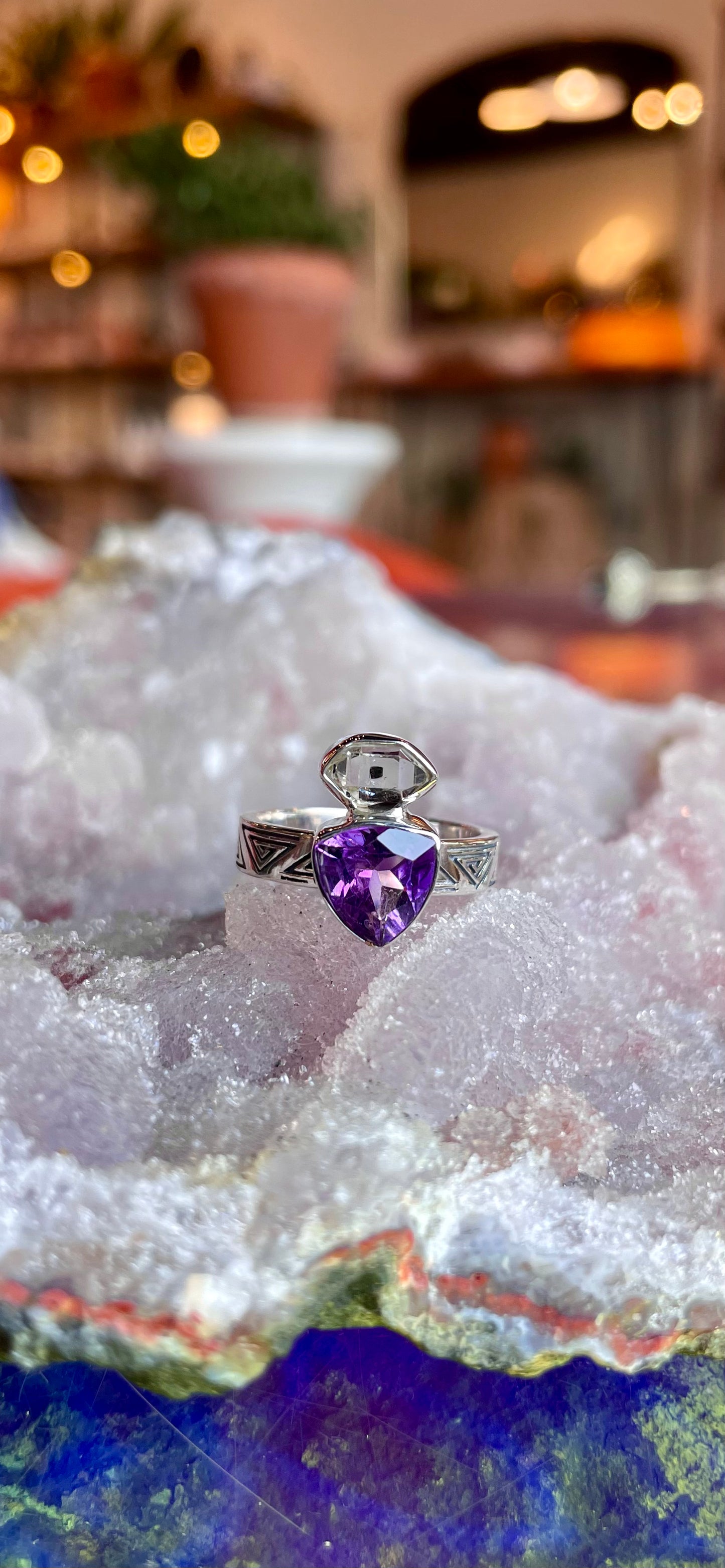 Amethyst and Herkimer Diamond Ring - Sterling Silver size 6 #1077