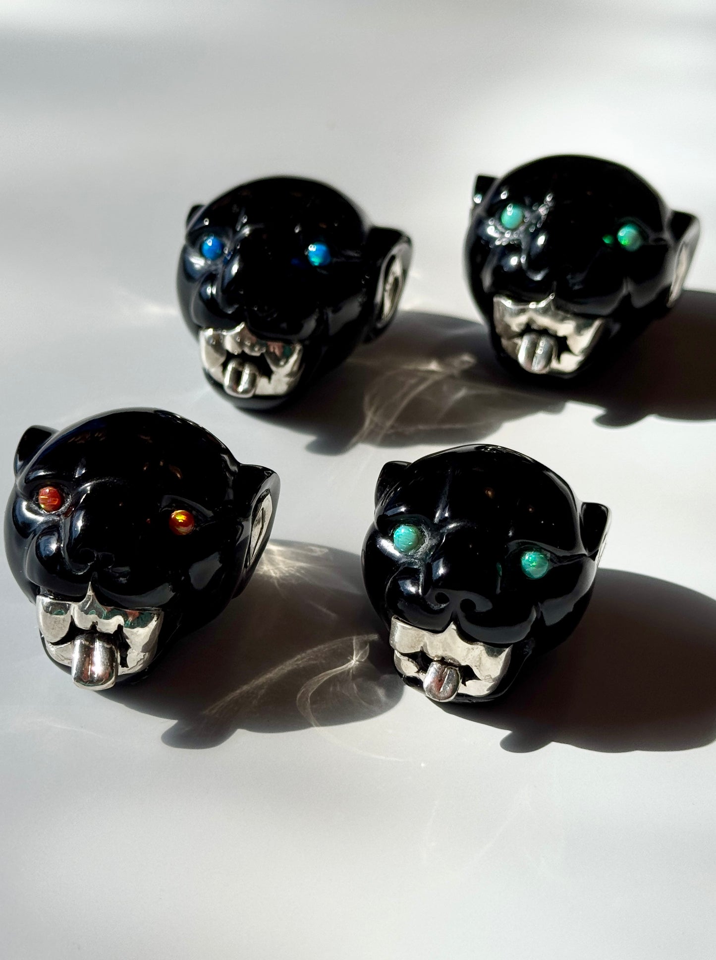 Obsidian Jaguar Sculpture with Opal and 95% Silver