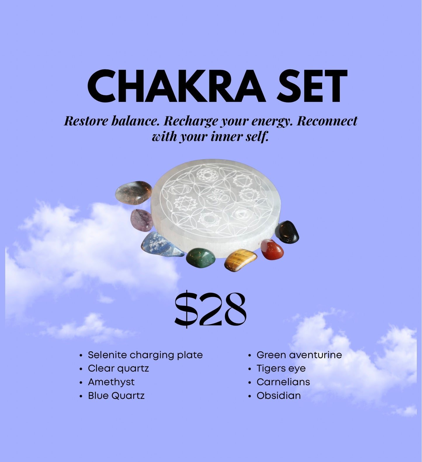 Chakra Crystal Set with Selenite Charging Plate