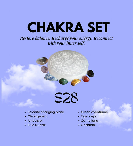 Chakra Crystal Set with Selenite Charging Plate