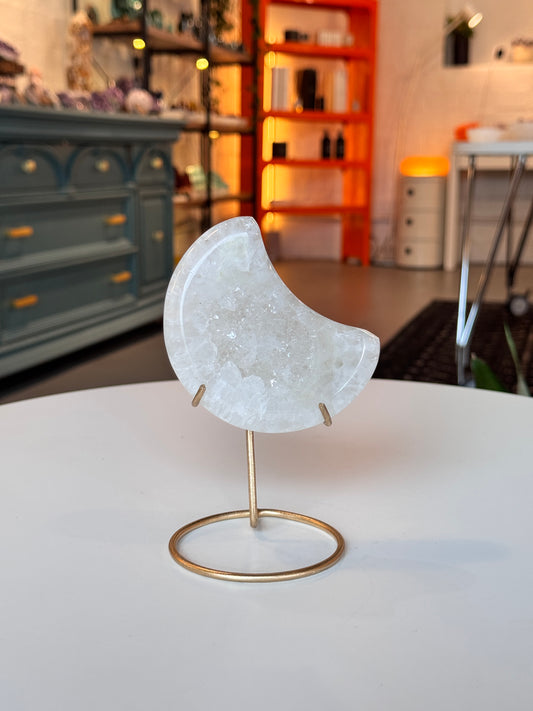 Agate Druzy Crescent Moon on Stand