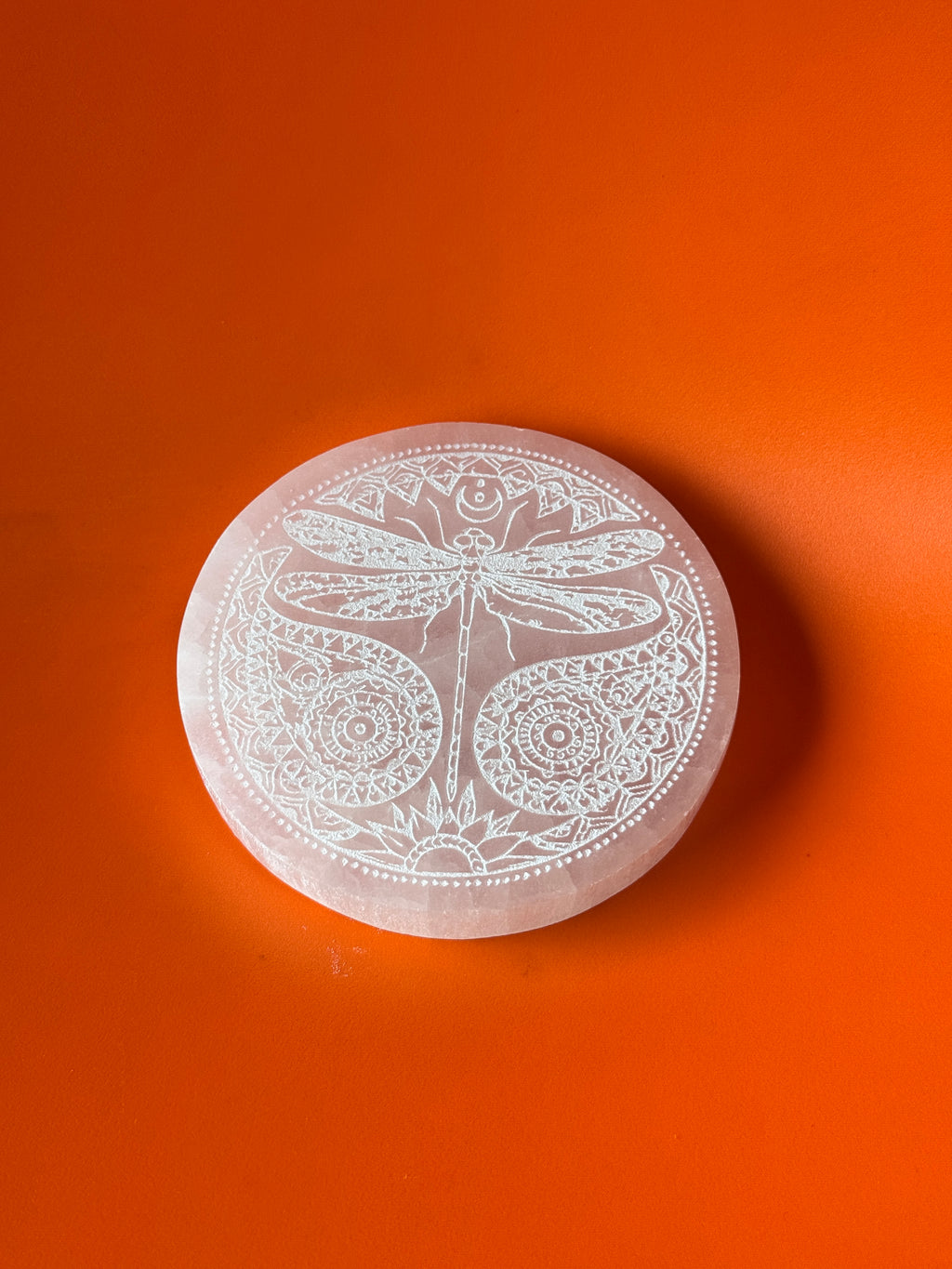 Selenite Charging Plates with Dragon Fly Paisley Etched Design