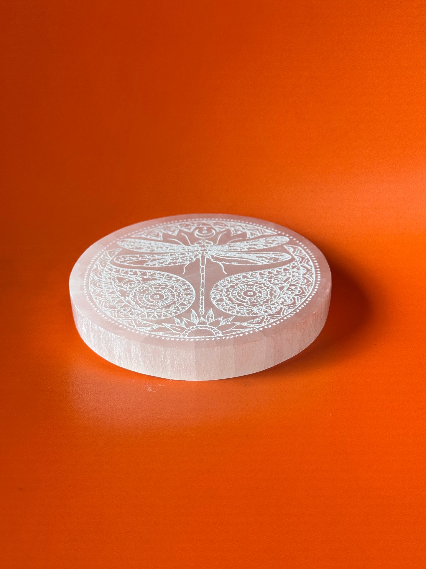 Selenite Charging Plates with Dragon Fly Paisley Etched Design
