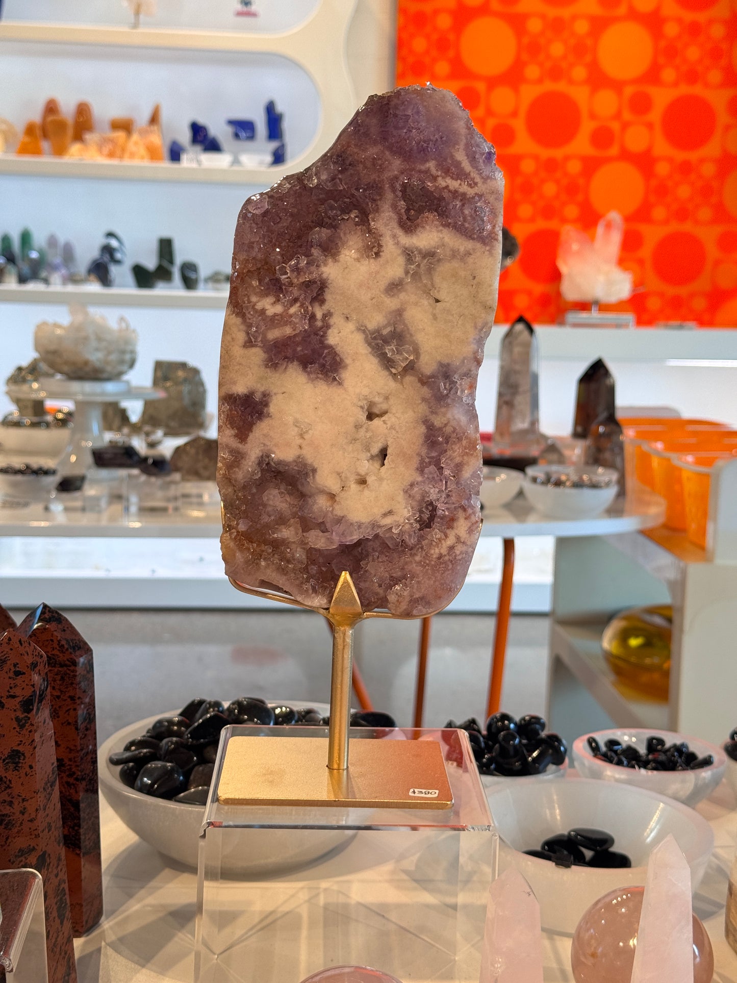 Pink Amethyst Freeform Slab on a stand