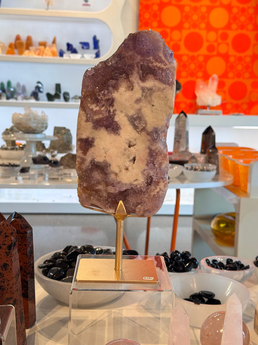 Pink Amethyst Freeform Slab on a stand