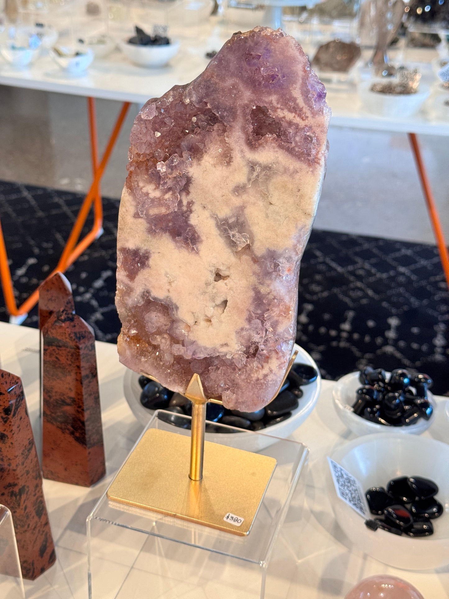 Pink Amethyst Freeform Slab on a stand