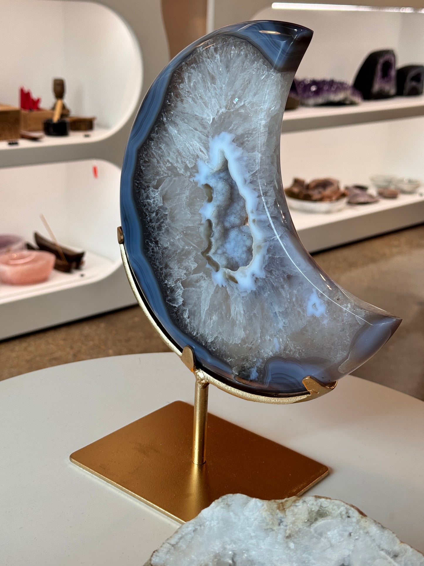 Agate crescent moon on custom stand