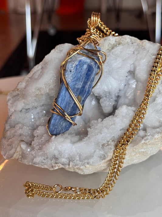 Blue kyanite Gold plated Copper wire wrapped necklace