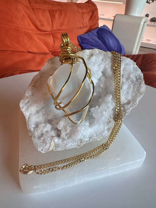 TV Selenite Gold plated Copper Wire Wrapped necklace